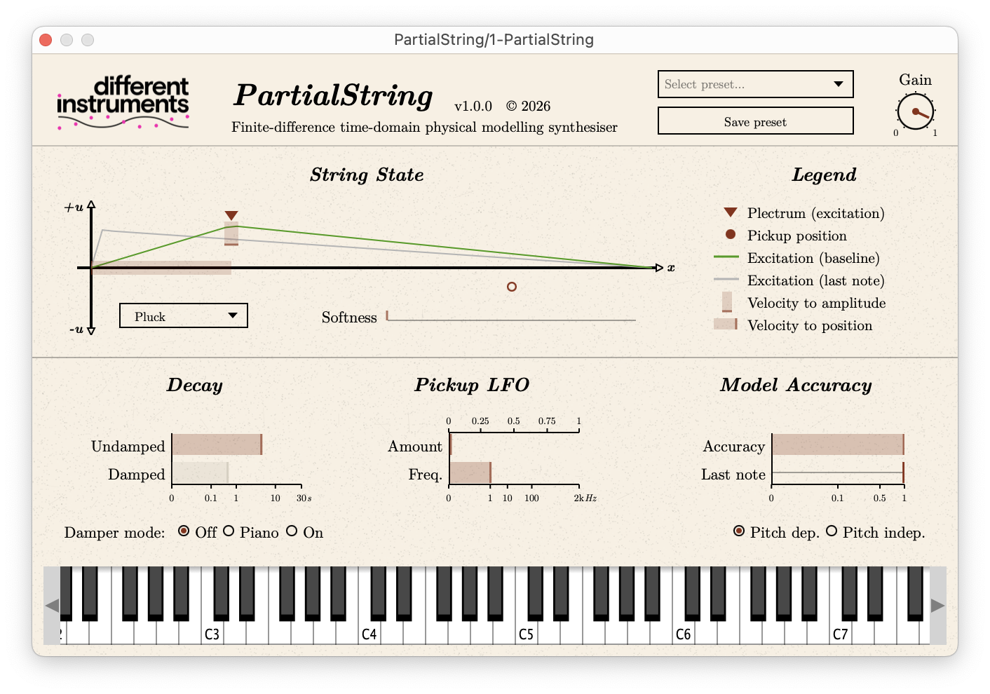 The PartialString interface: a paper-styled panel with a string-state plot, decay, pickup LFO and model accuracy controls, and a piano keyboard.
